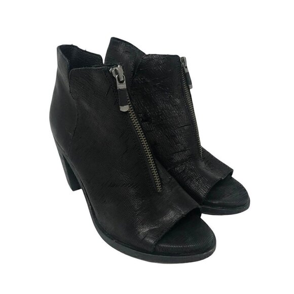 Eileen Fisher Womens Ankle Booties Black Leather Block Heel Peep Toe Zip 7.5 - Picture 1 of 8